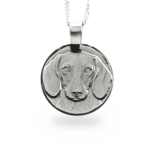 Smooth Haired Dachshund coin pendant necklace in recycled sterling silver by Ojewellery