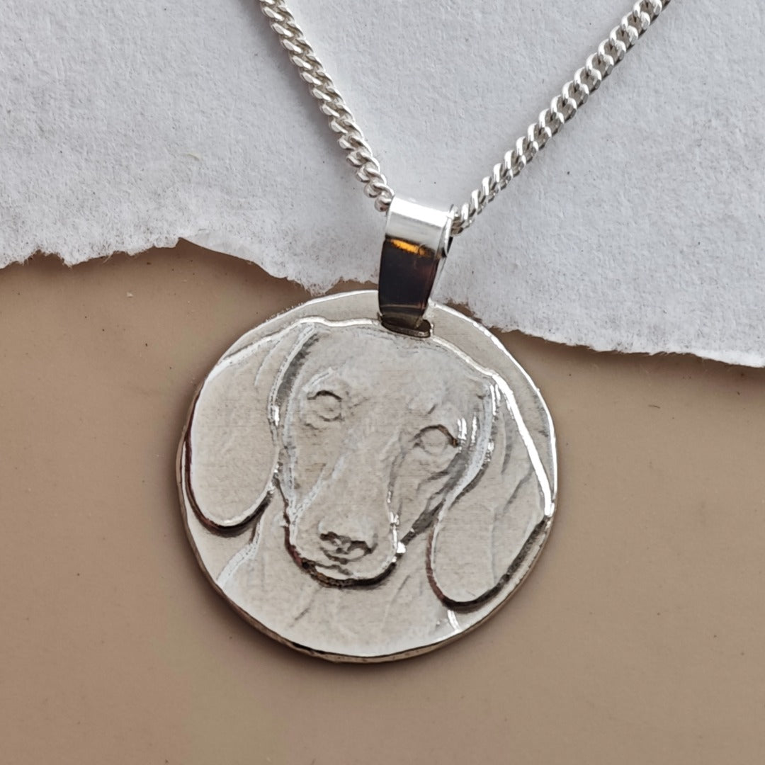 Smooth Haired Dachshund Coin Pendant Necklace, Recycled Sterling Silver