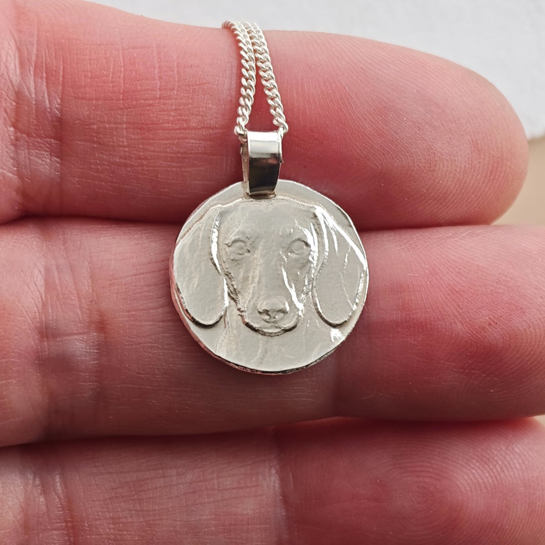 Smooth Haired Dachshund Coin Pendant Necklace, Recycled Sterling Silver