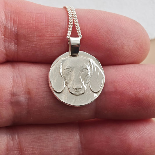 Smooth Haired Dachshund coin pendant necklace in recycled sterling silver by Ojewellery