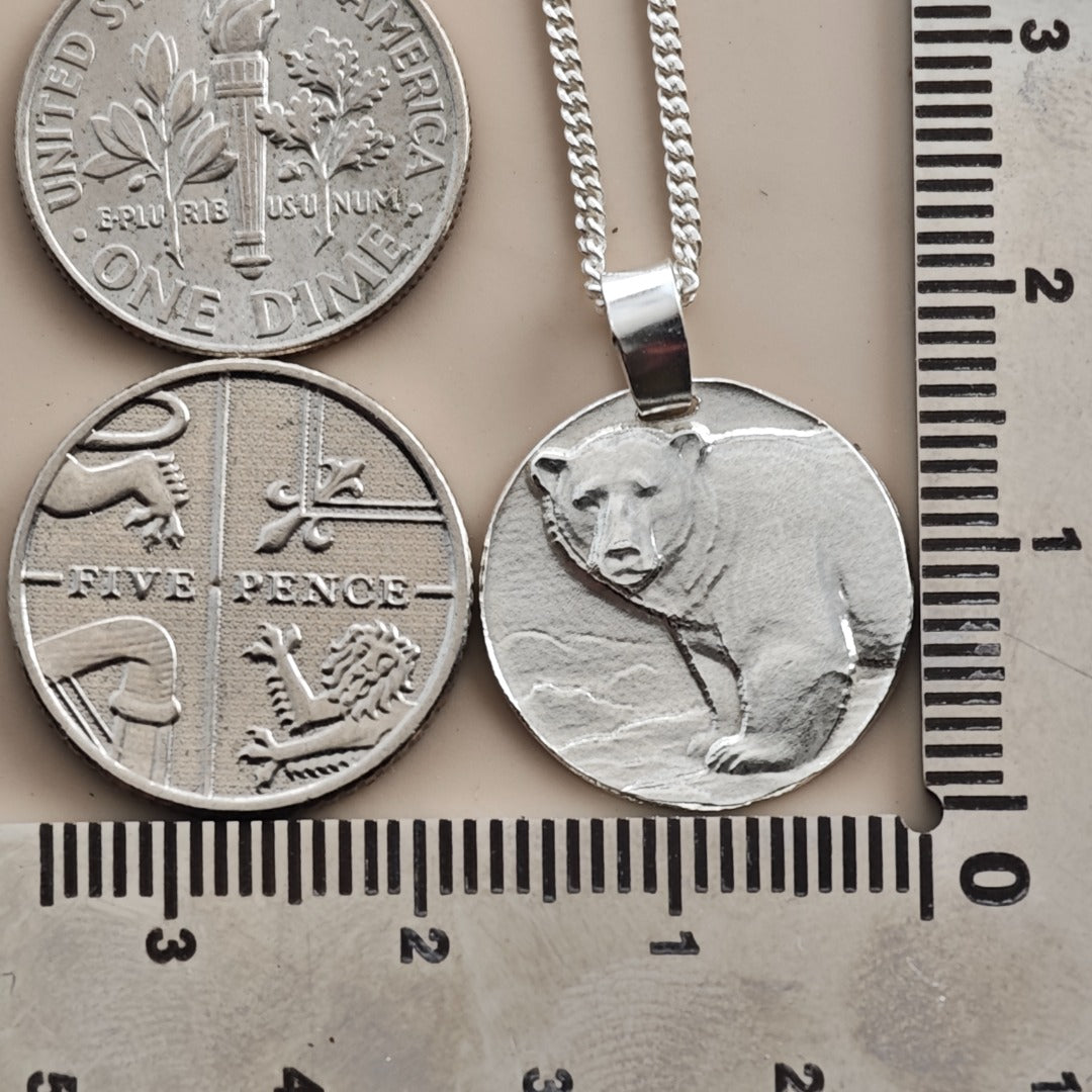 Polar Bear Coin Pendant Necklace, Recycled Sterling Silver