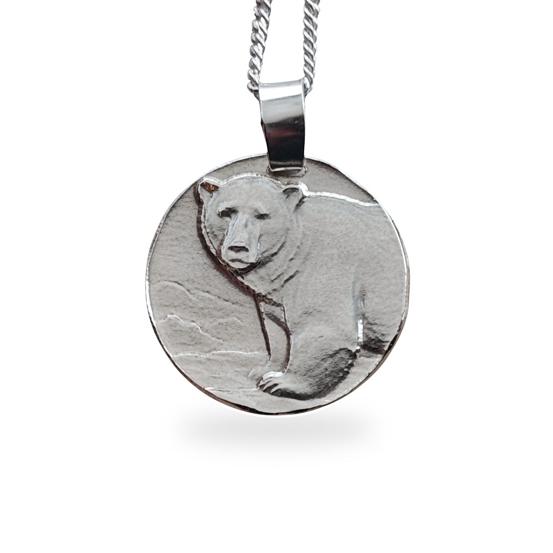 Polar Bear Coin Pendant Necklace, Recycled Sterling Silver