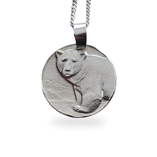 Polar Bear Coin Pendant Necklace, Recycled Sterling Silver