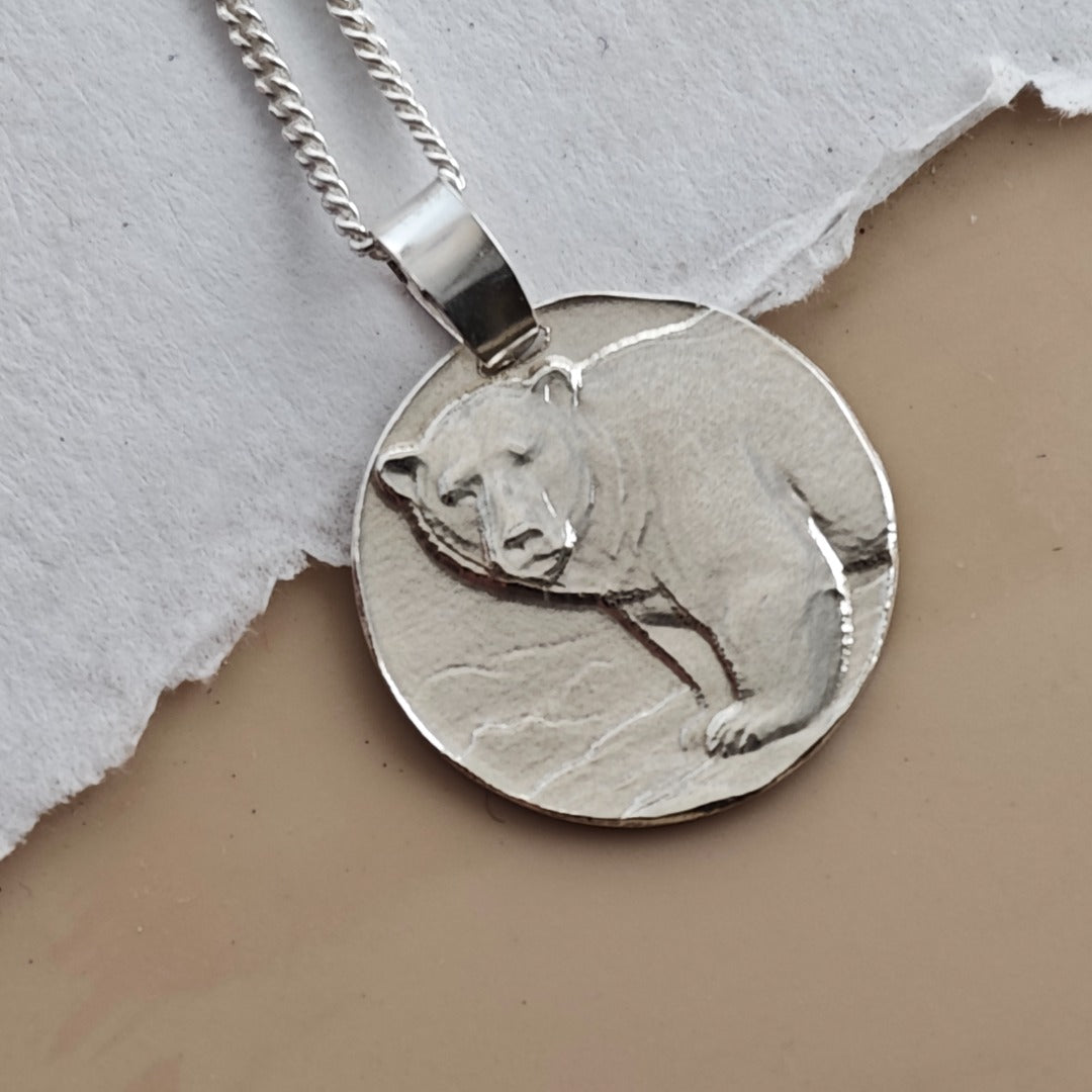 Polar Bear Coin Pendant Necklace, Recycled Sterling Silver