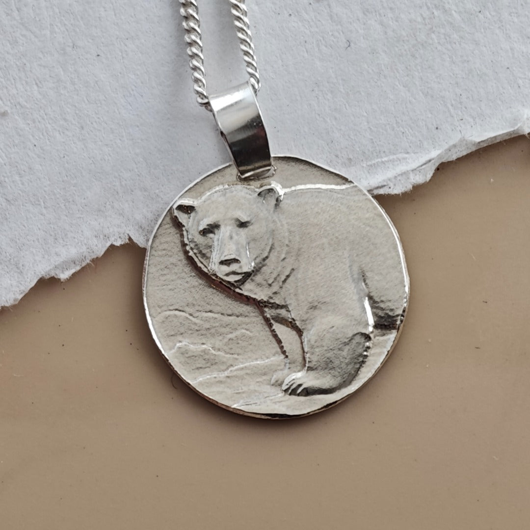 Polar Bear Coin Pendant Necklace, Recycled Sterling Silver