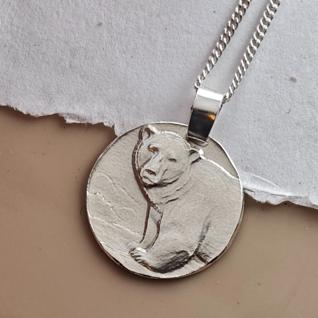 Polar Bear Coin Pendant Necklace, Recycled Sterling Silver