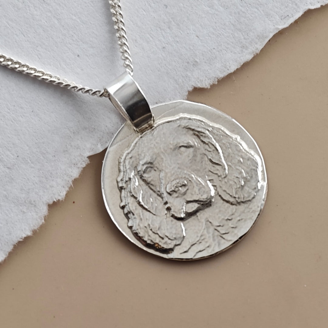 Spaniel Coin Pendant Necklace, Recycled Sterling Silver