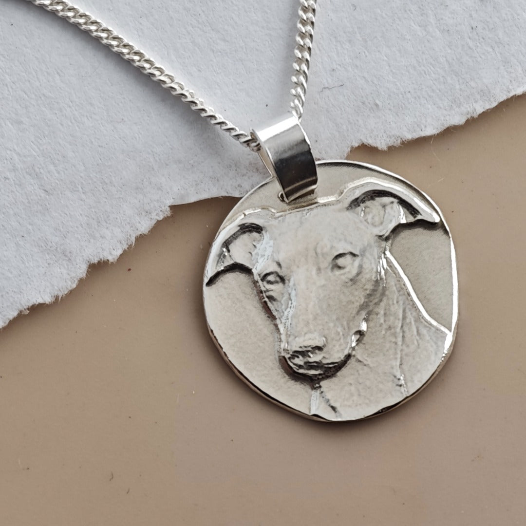 Whippet coin pendant necklace in recycled sterling silver by Ojewellery