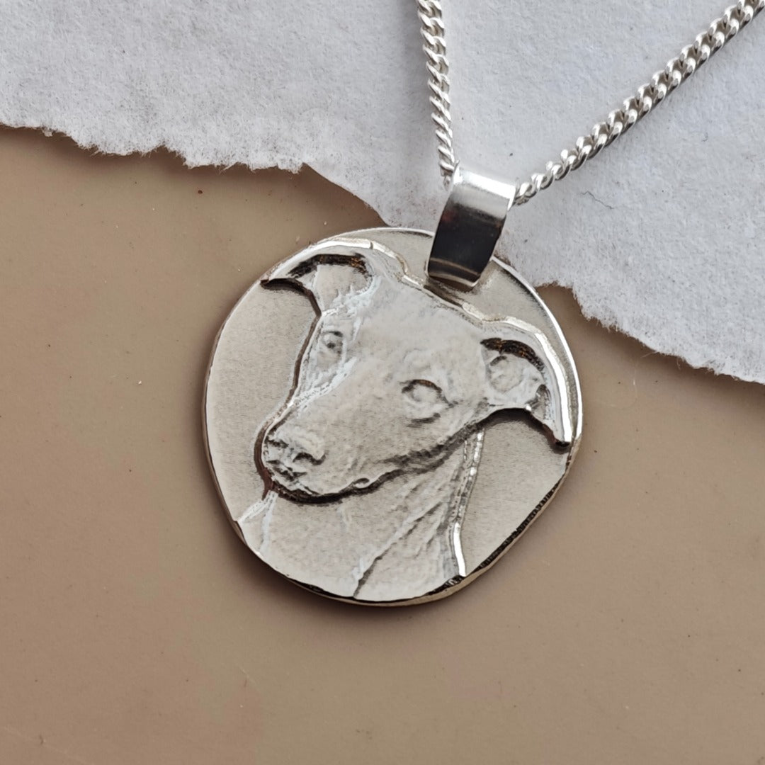 Whippet coin pendant necklace in recycled sterling silver by Ojewellery