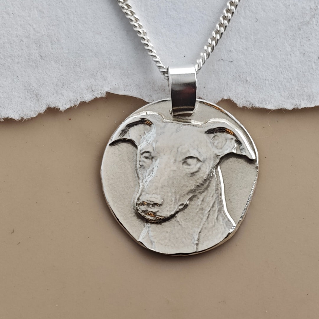Whippet coin pendant necklace in recycled sterling silver by Ojewellery