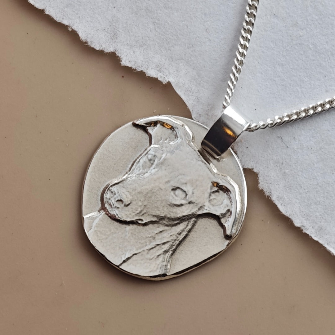 Whippet coin pendant necklace in recycled sterling silver by Ojewellery