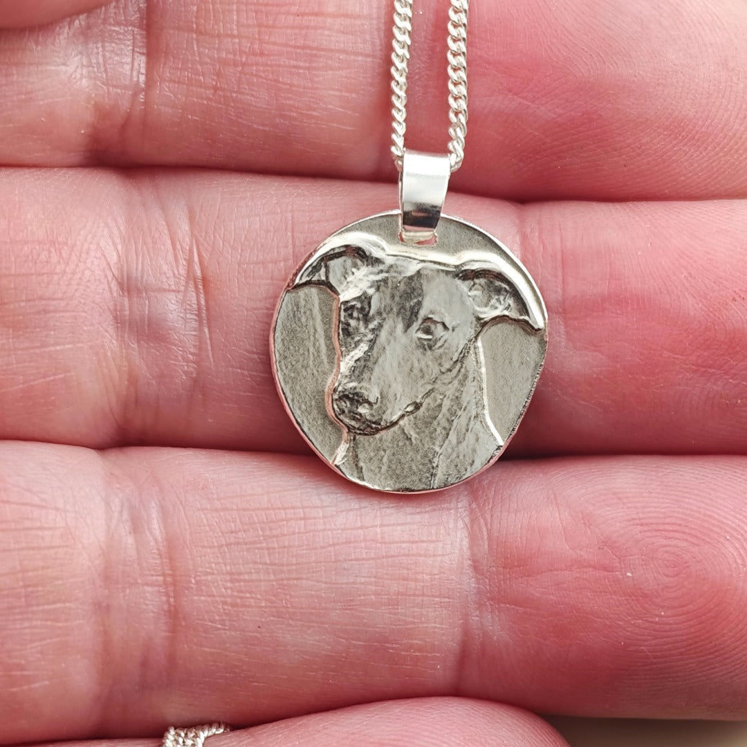 Whippet coin pendant necklace in recycled sterling silver by Ojewellery