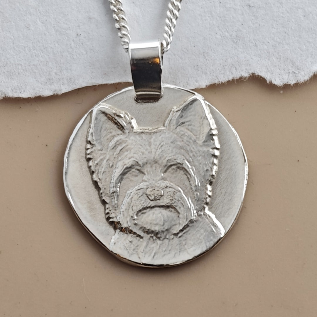 Yorkshire Terrier Coin Pendant Necklace, Recycled Sterling Silver