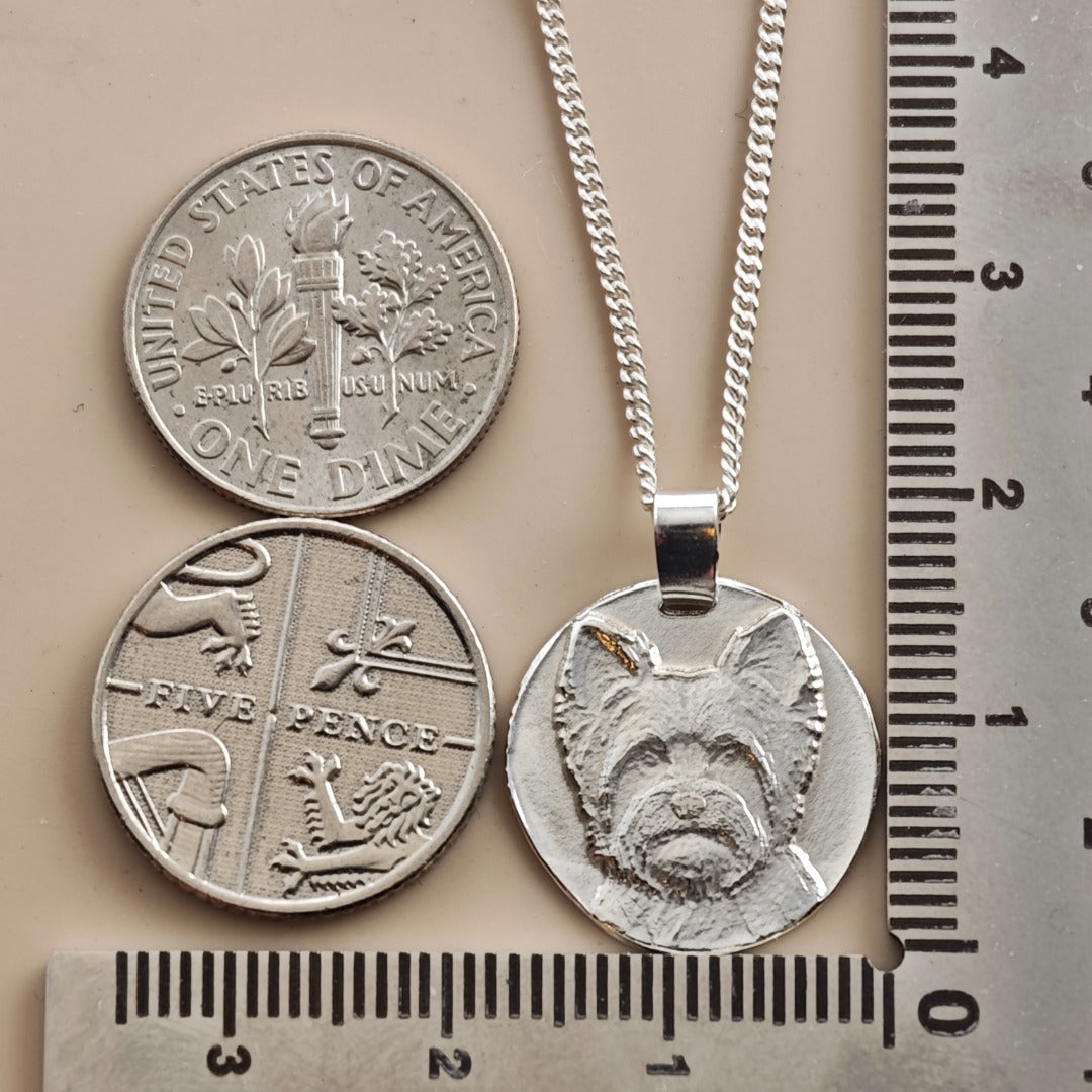 Yorkshire Terrier Coin Pendant Necklace, Recycled Sterling Silver