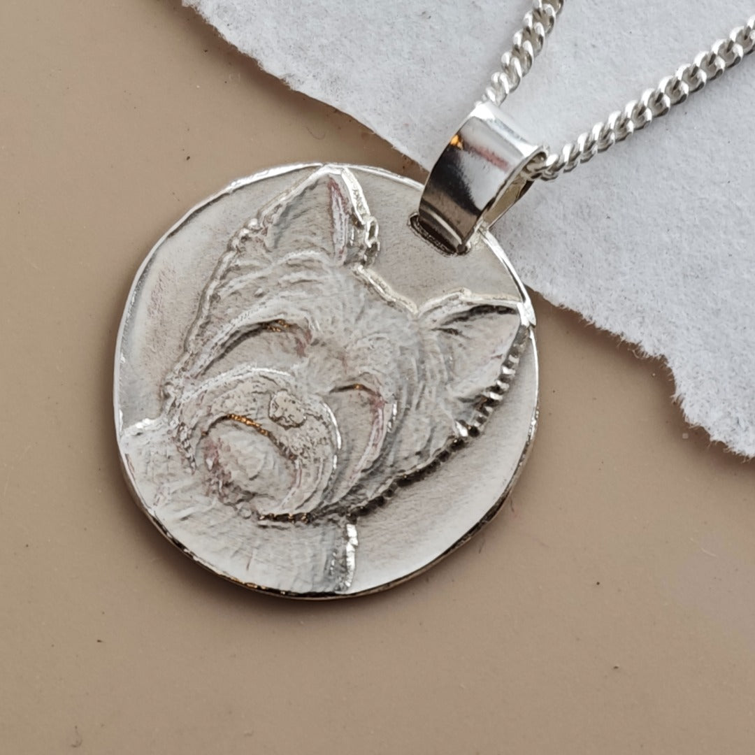 Yorkshire Terrier Coin Pendant Necklace, Recycled Sterling Silver