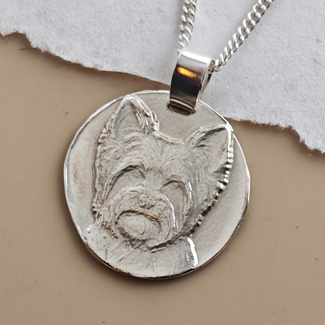 Yorkshire Terrier Coin Pendant Necklace, Recycled Sterling Silver