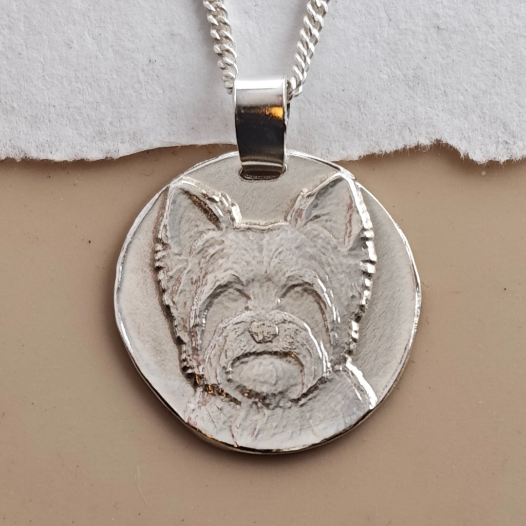 Yorkshire Terrier Coin Pendant Necklace, Recycled Sterling Silver