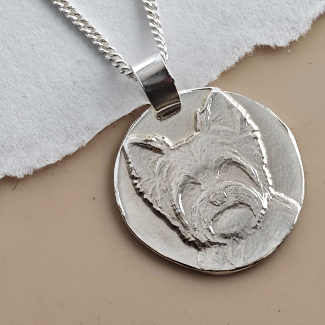 Yorkshire Terrier Coin Pendant Necklace, Recycled Sterling Silver