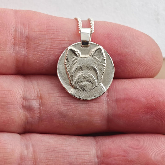 Yorkshire Terrier coin pendant necklace in recycled sterling silver by Ojewellery