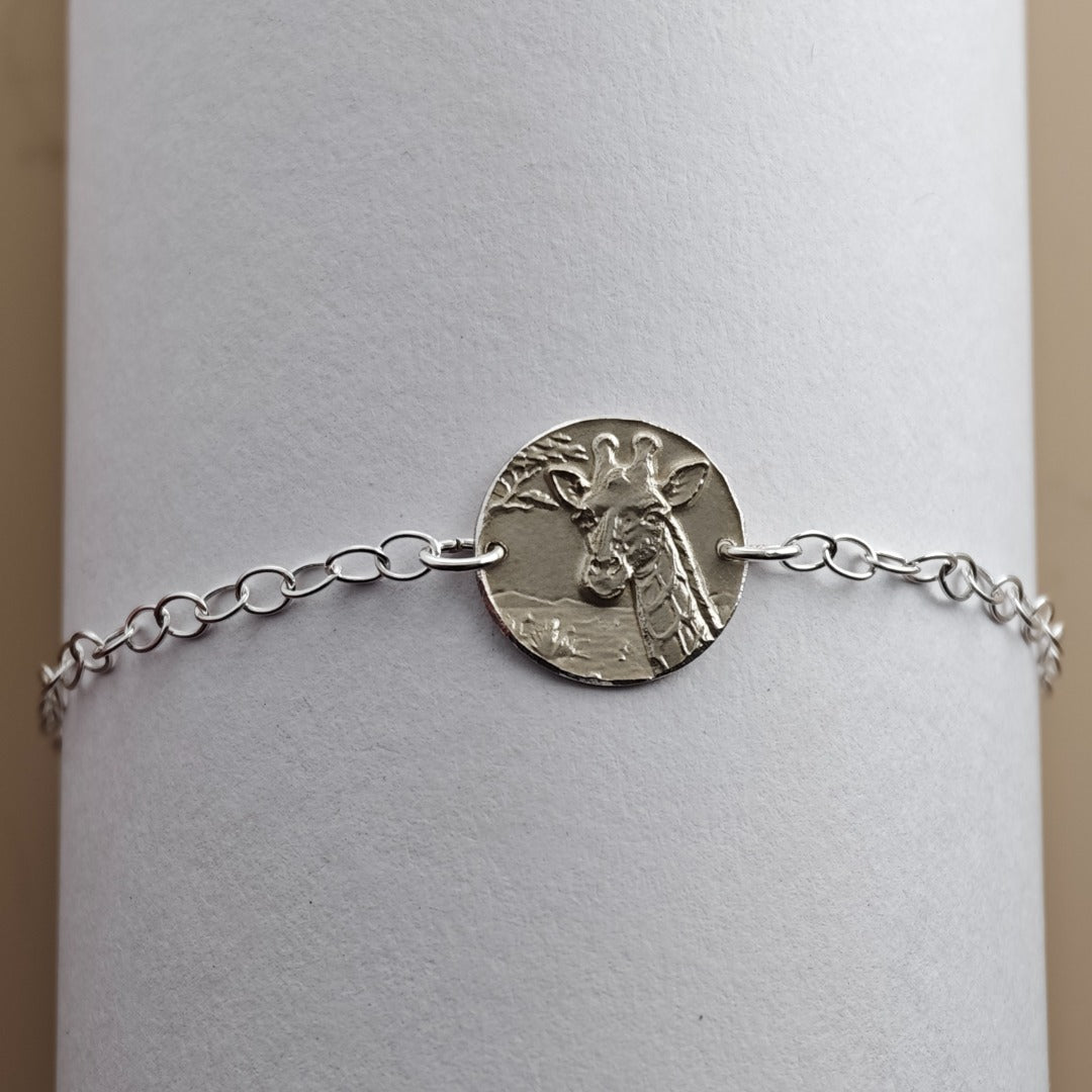 Giraffe Engraved Sterling Silver Coin Bracelet
