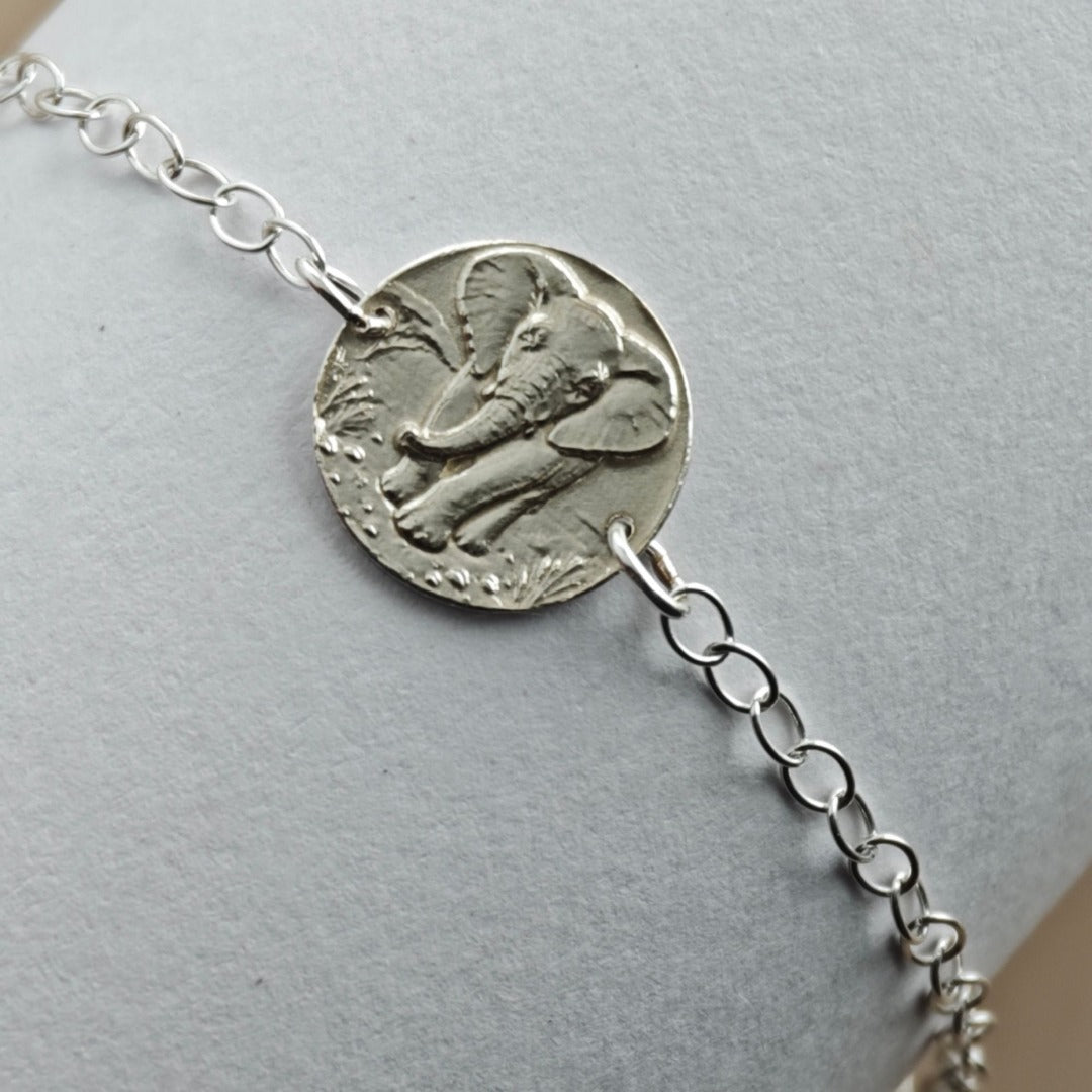 Elephant Engraved Sterling Silver Coin Bracelet
