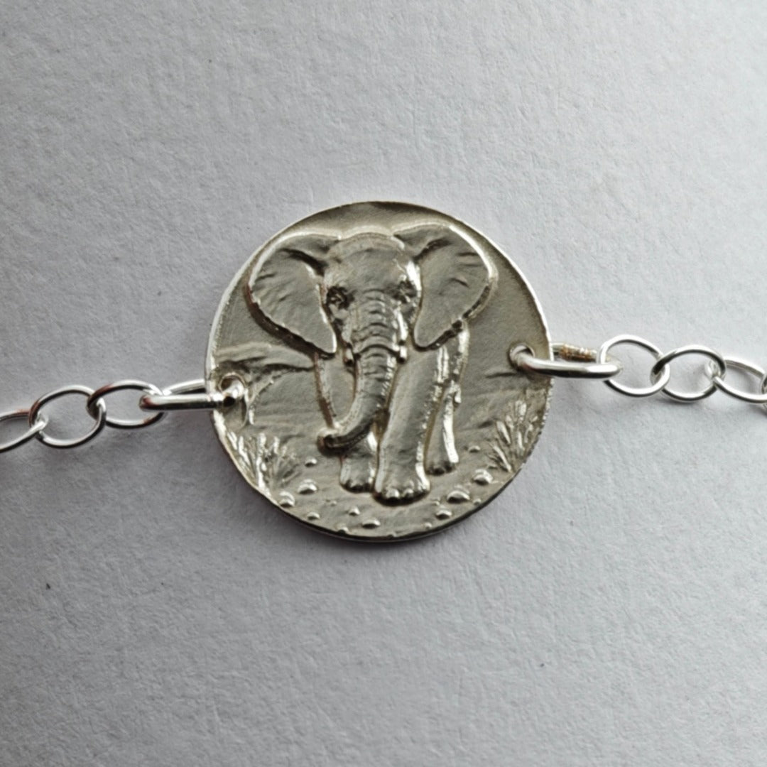 Elephant Engraved Sterling Silver Coin Bracelet
