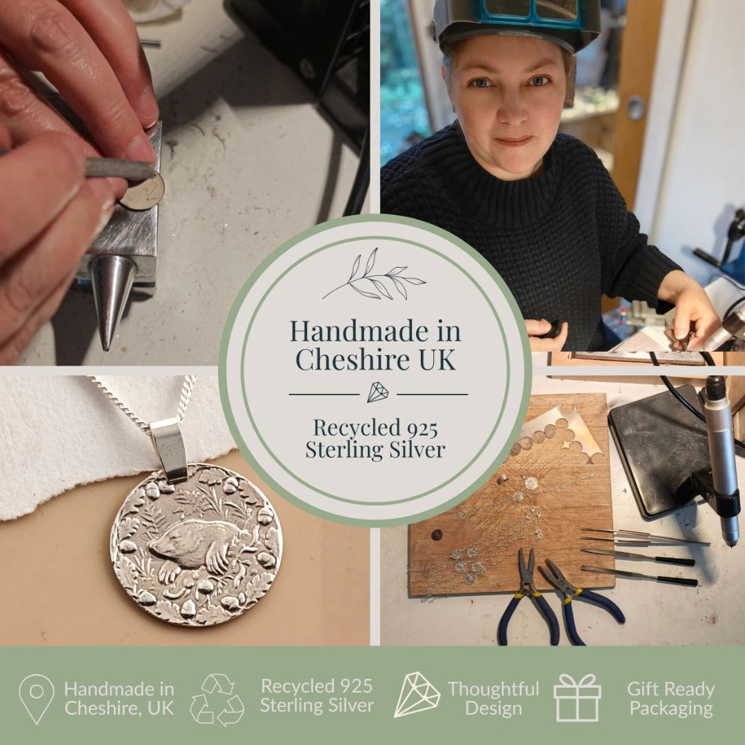 Ojewellery jeweller hand-finishing a recycled sterling silver disc pendant in her Cheshire studio, shown with a finished engraved pendant and gift-ready packaging.