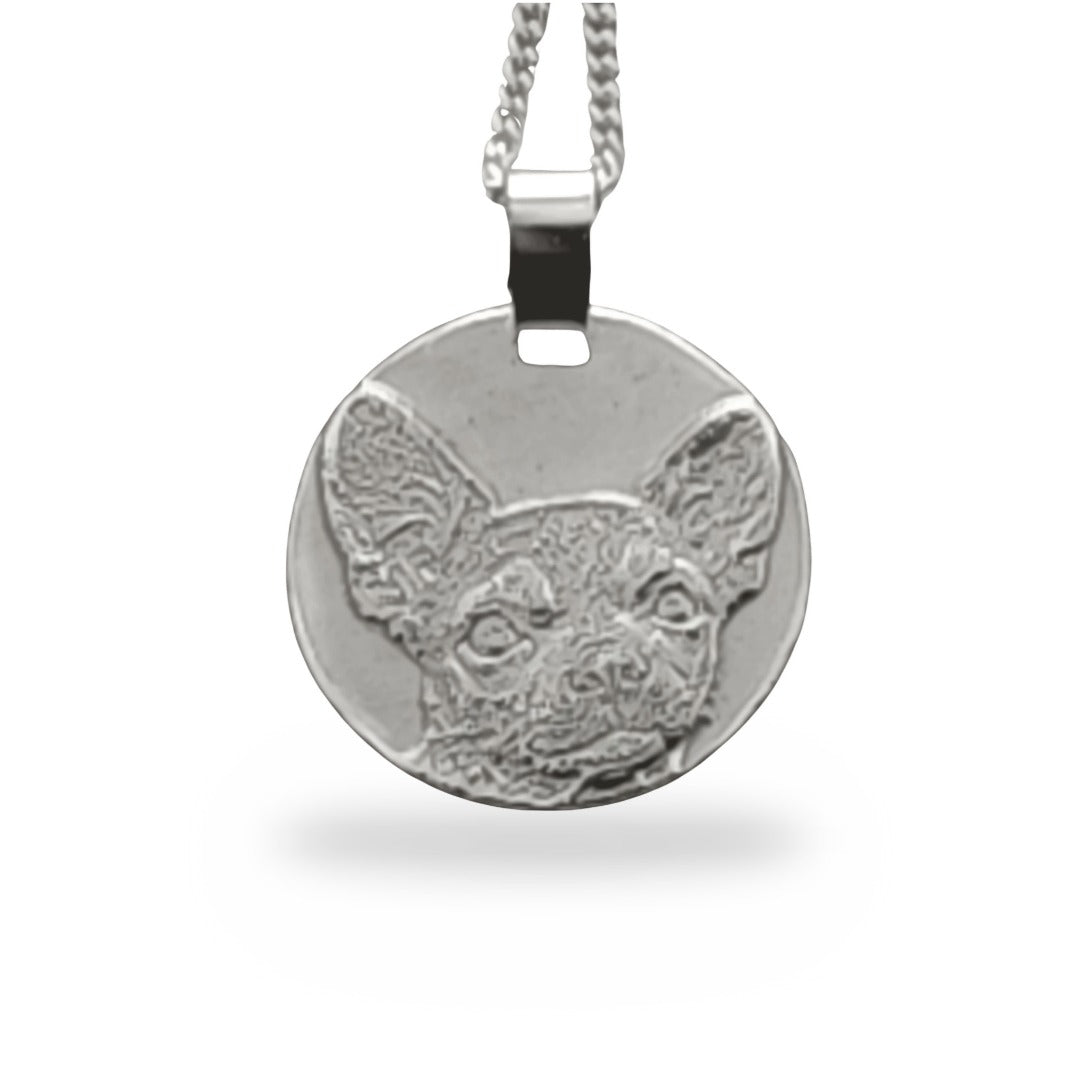 Chihuahua engraved sterling silver coin necklace by Ojewellery