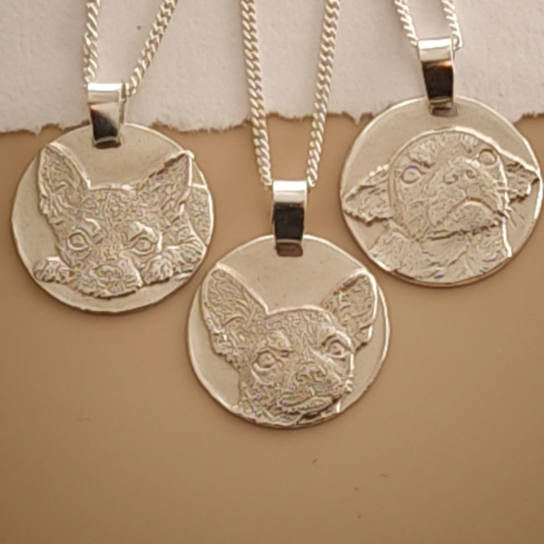 Chihuahua coin necklace, 17mm coin pendant shown for scale