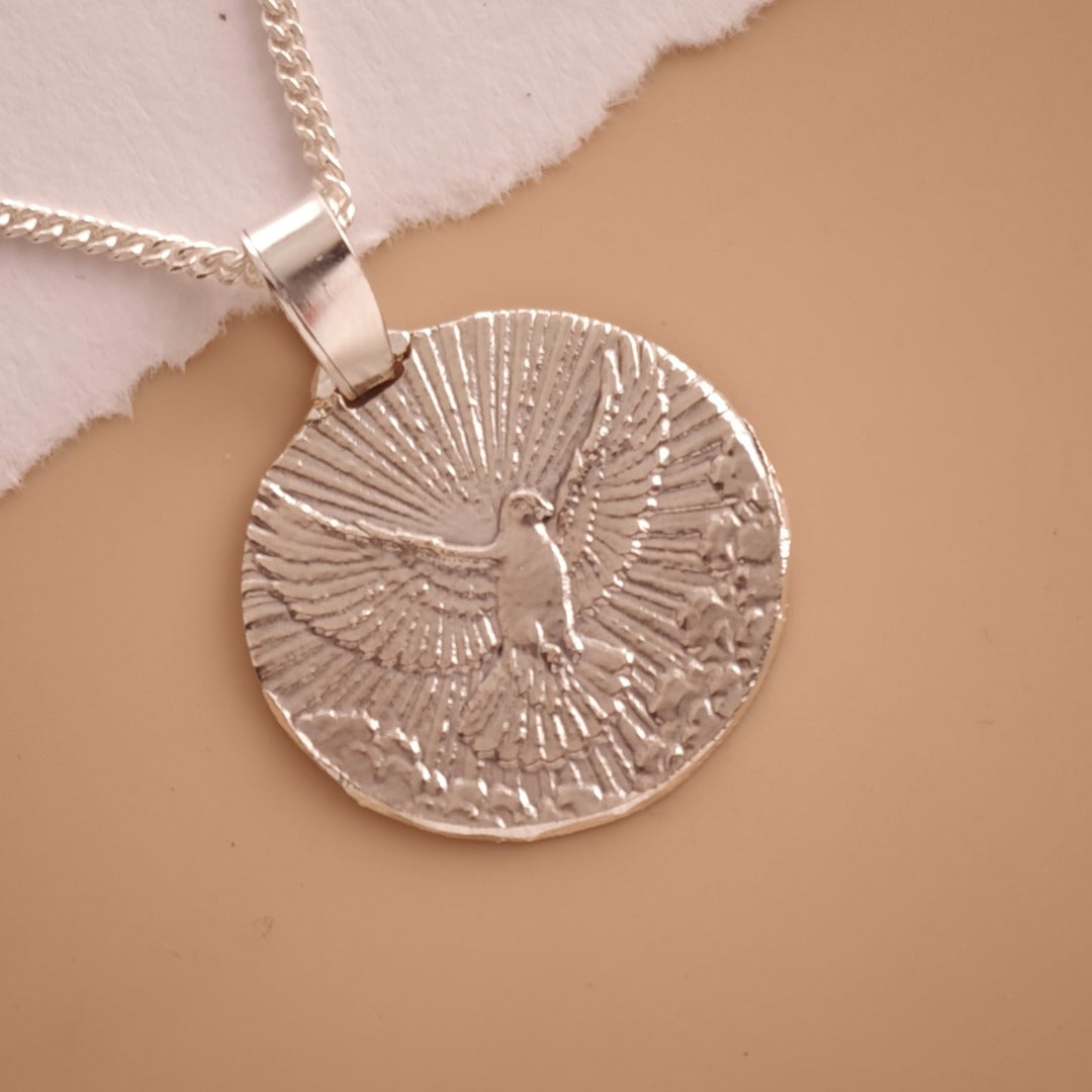 Sterling Silver Dove Necklace Descending from above Engraved Gift