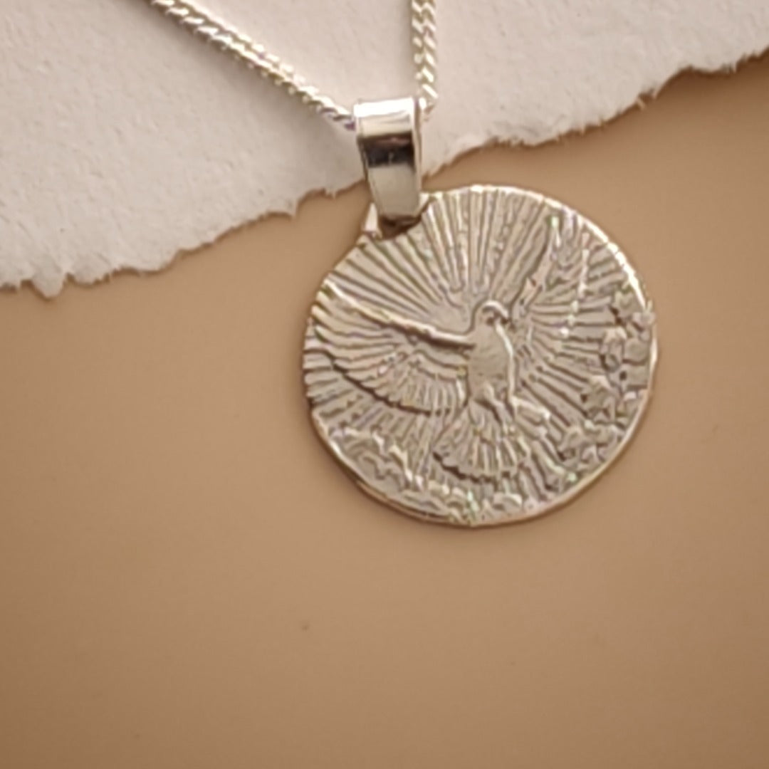 Sterling Silver Dove Necklace Descending from above Engraved Gift