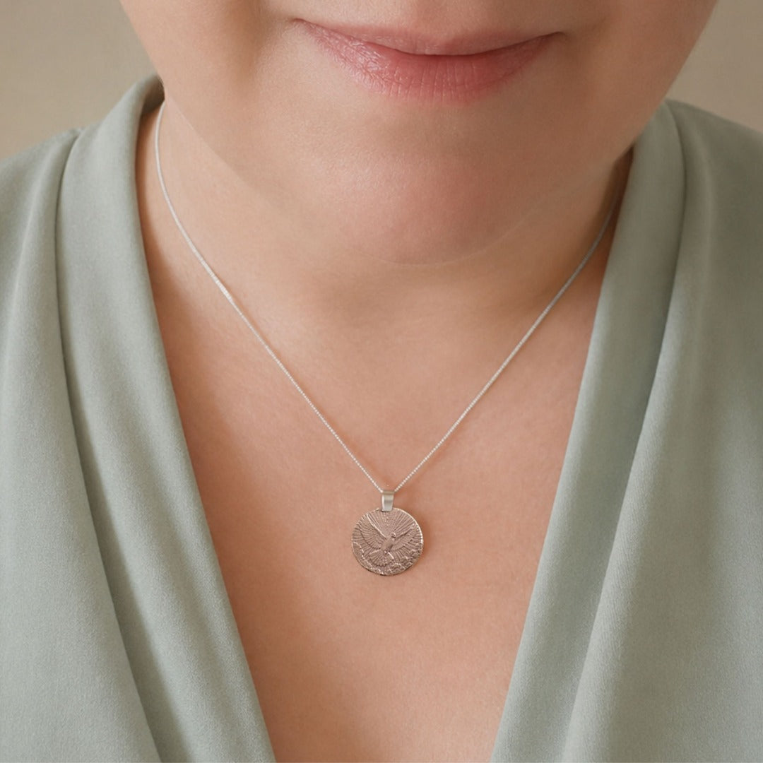 Sterling Silver Dove Necklace Descending from above Engraved Gift