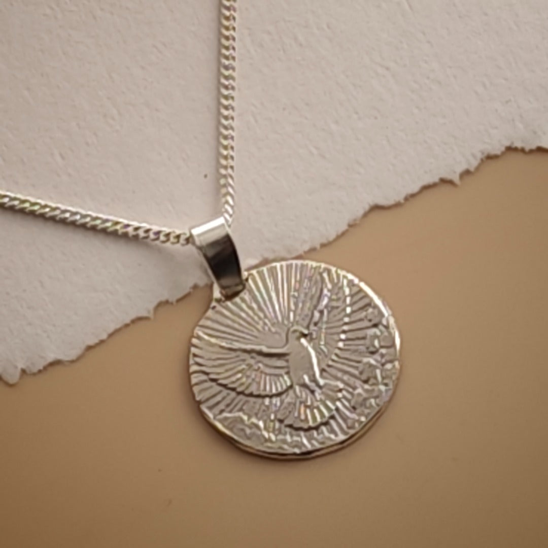 Sterling Silver Dove Necklace Descending from above Engraved Gift