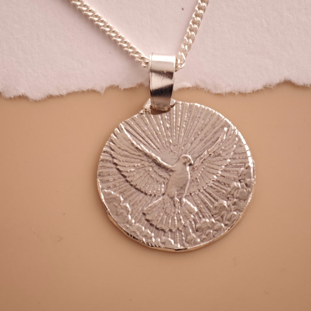 Sterling Silver Dove Necklace Descending from above Engraved Gift