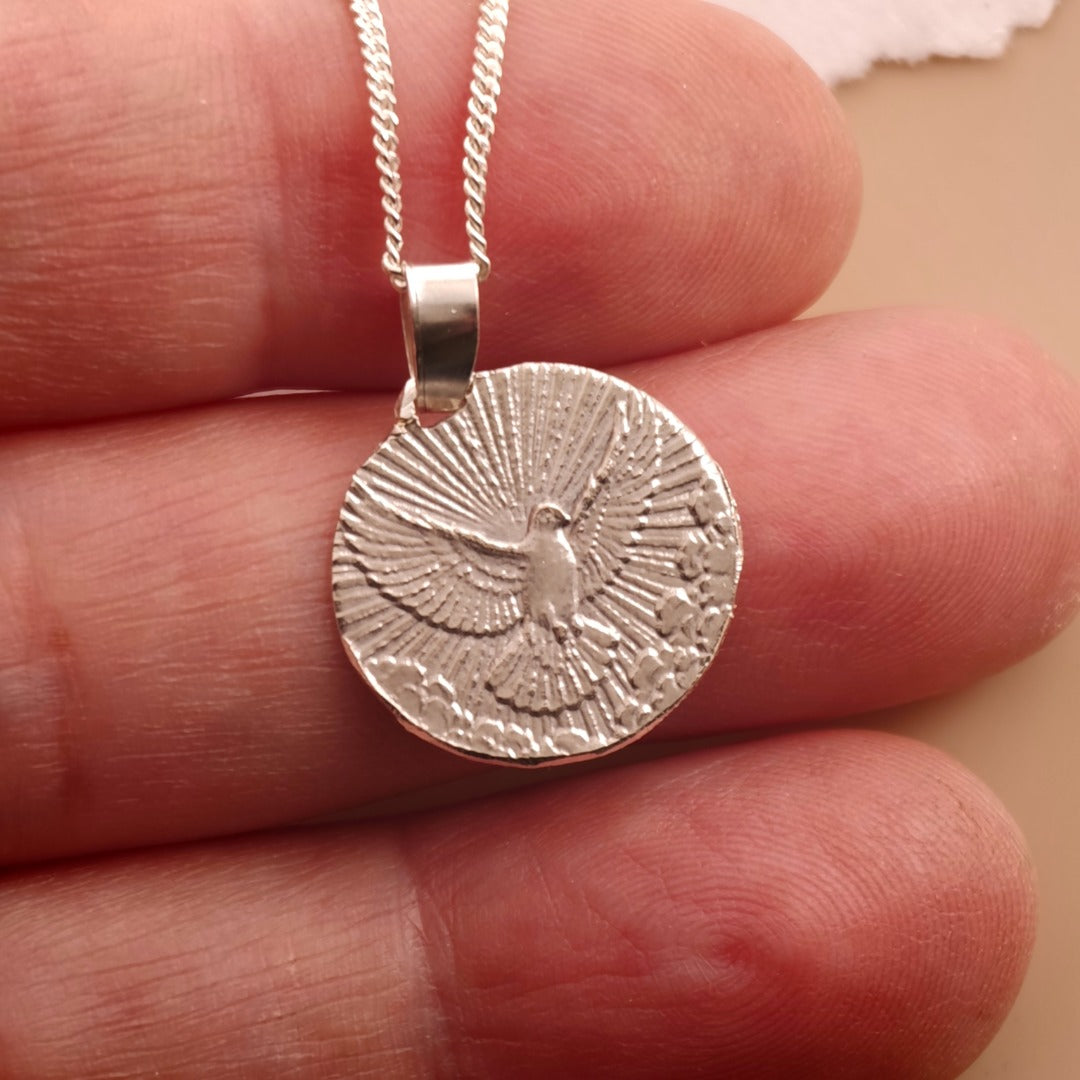 Sterling Silver Dove Necklace Descending from above Engraved Gift