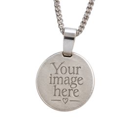 Custom engraved silver pendant, personalised 17mm sterling silver necklace handcrafted in the UK, angled view