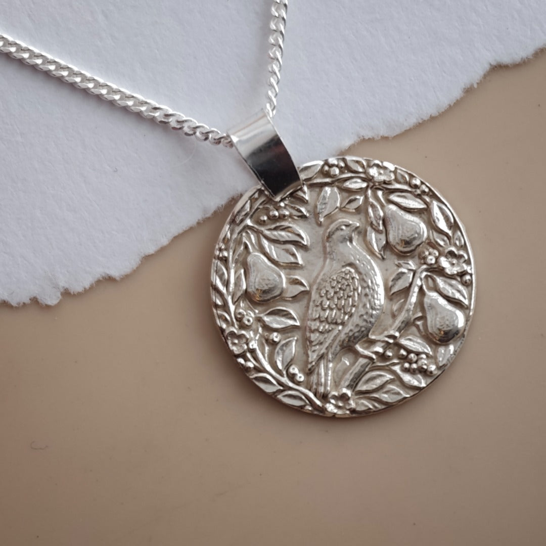 Partridge in a Pear Tree engraved coin pendant necklace in recycled sterling silver, Ojewellery Christmas jewellery