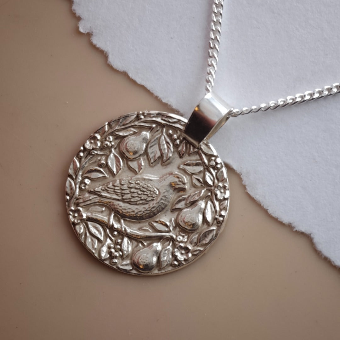 Partridge in a Pear Tree Coin Necklace – Deep Engraved Recycled Sterling Silver, Christmas Gift