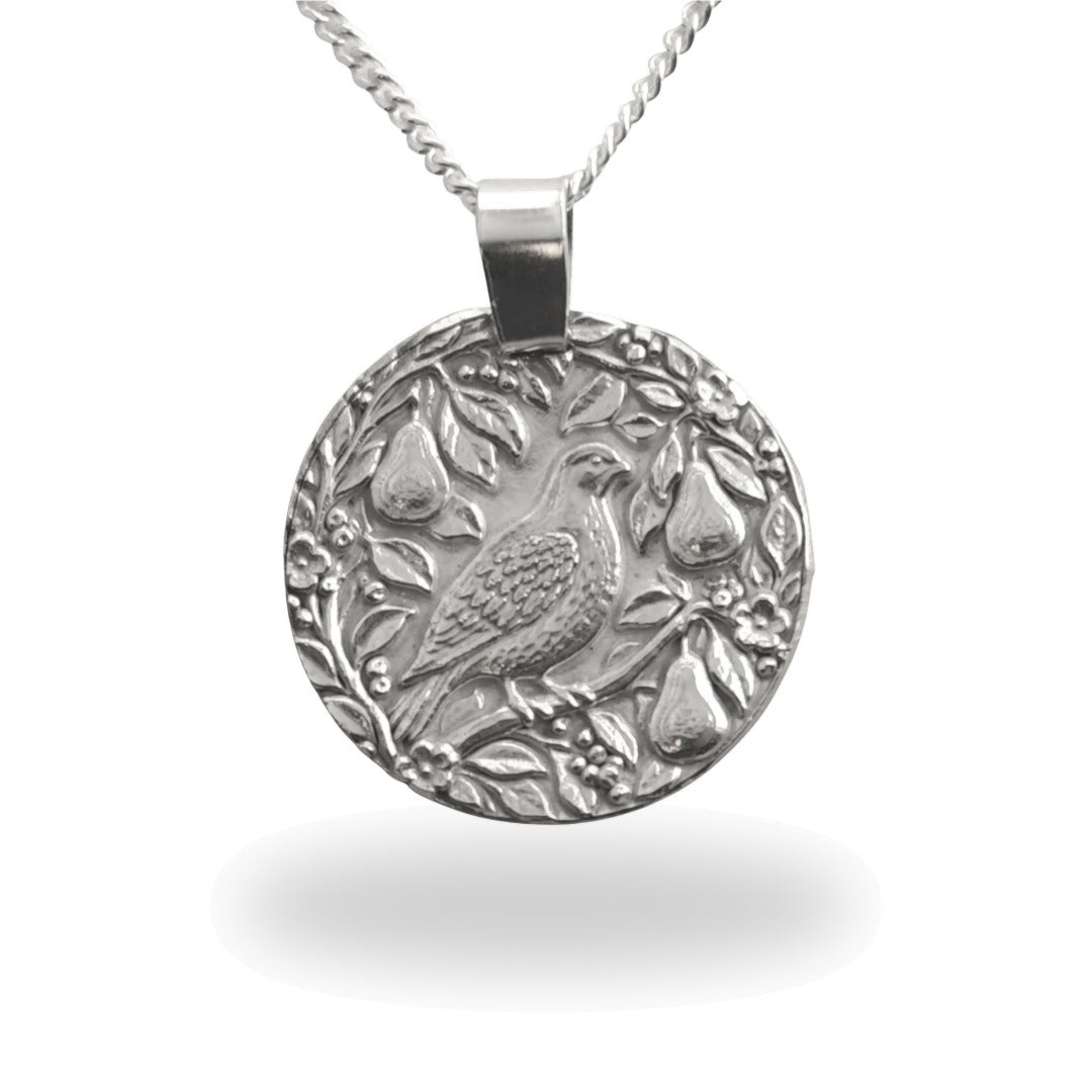 Partridge in a Pear Tree engraved coin pendant necklace in recycled sterling silver, Ojewellery Christmas jewellery