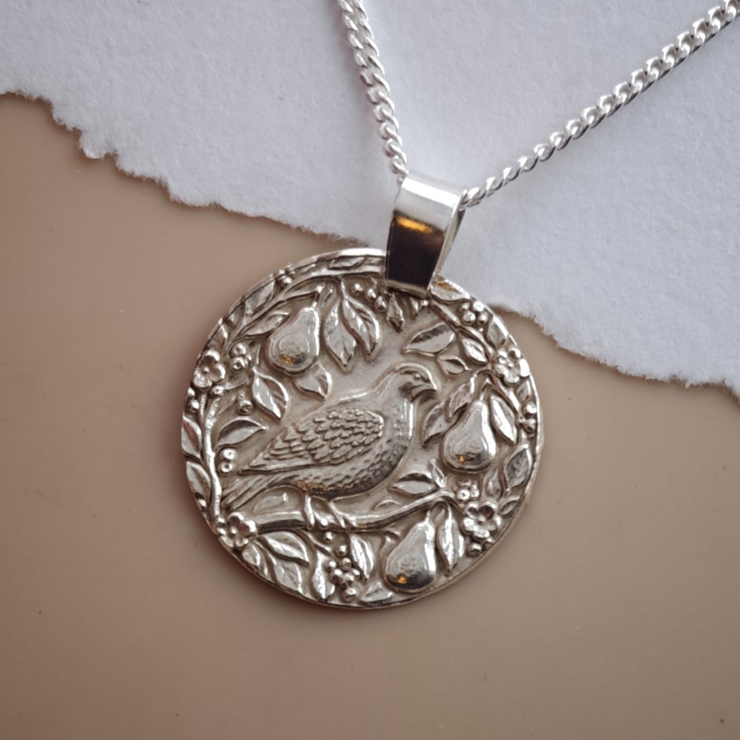 Partridge in a Pear Tree engraved coin pendant necklace in recycled sterling silver, Ojewellery Christmas jewellery
