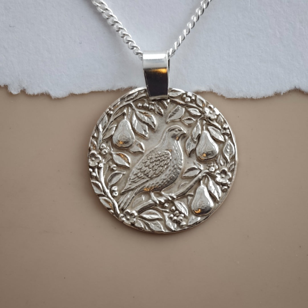 Partridge in a Pear Tree engraved coin pendant necklace in recycled sterling silver, Ojewellery Christmas jewellery