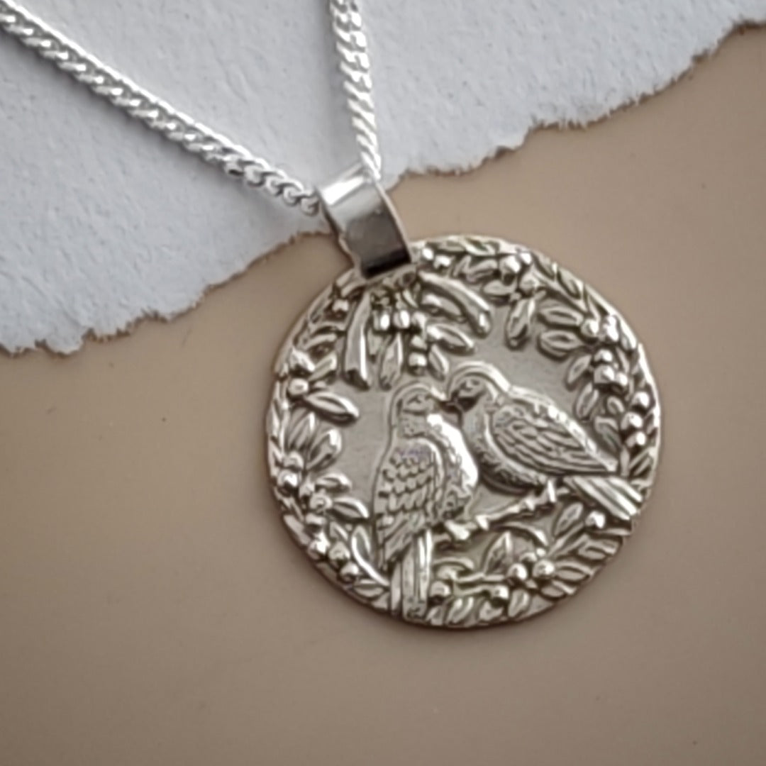 Two Turtle Doves engraved coin pendant necklace in recycled sterling silver, Ojewellery Christmas jewellery