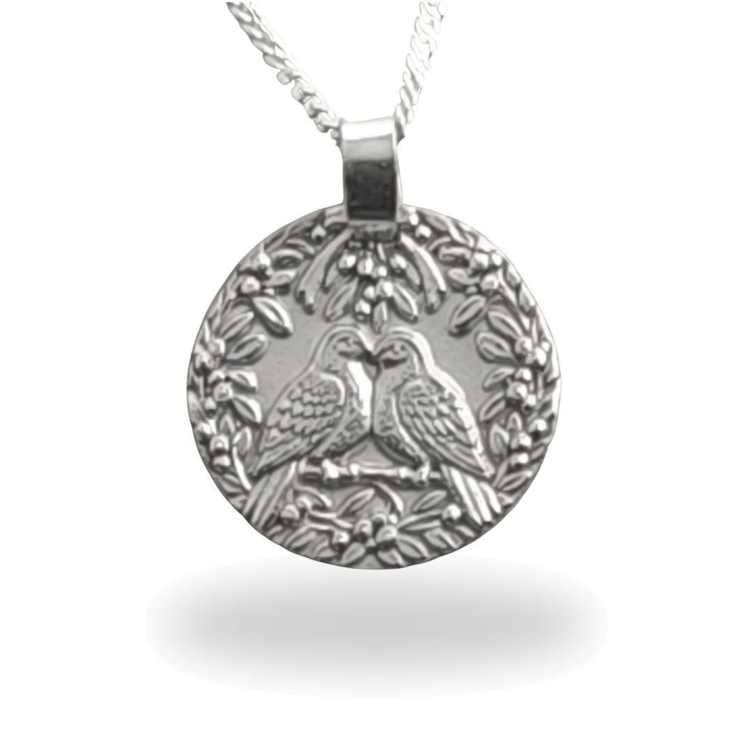 Two Turtle Doves engraved coin pendant necklace in recycled sterling silver, Ojewellery Christmas jewellery
