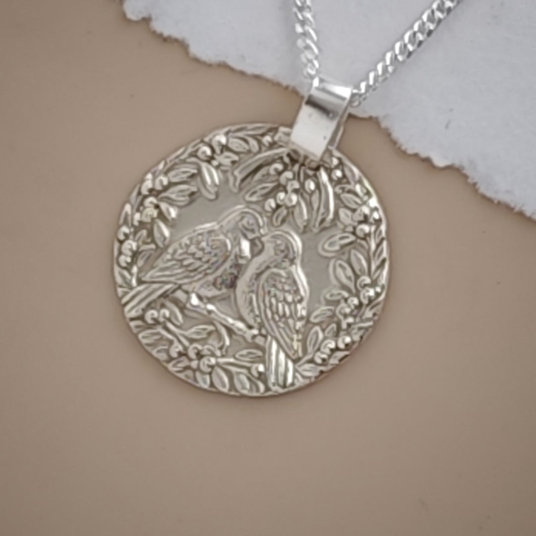 Two Turtle Doves Coin Necklace – Deep Engraved Recycled Sterling Silver, Christmas Gift