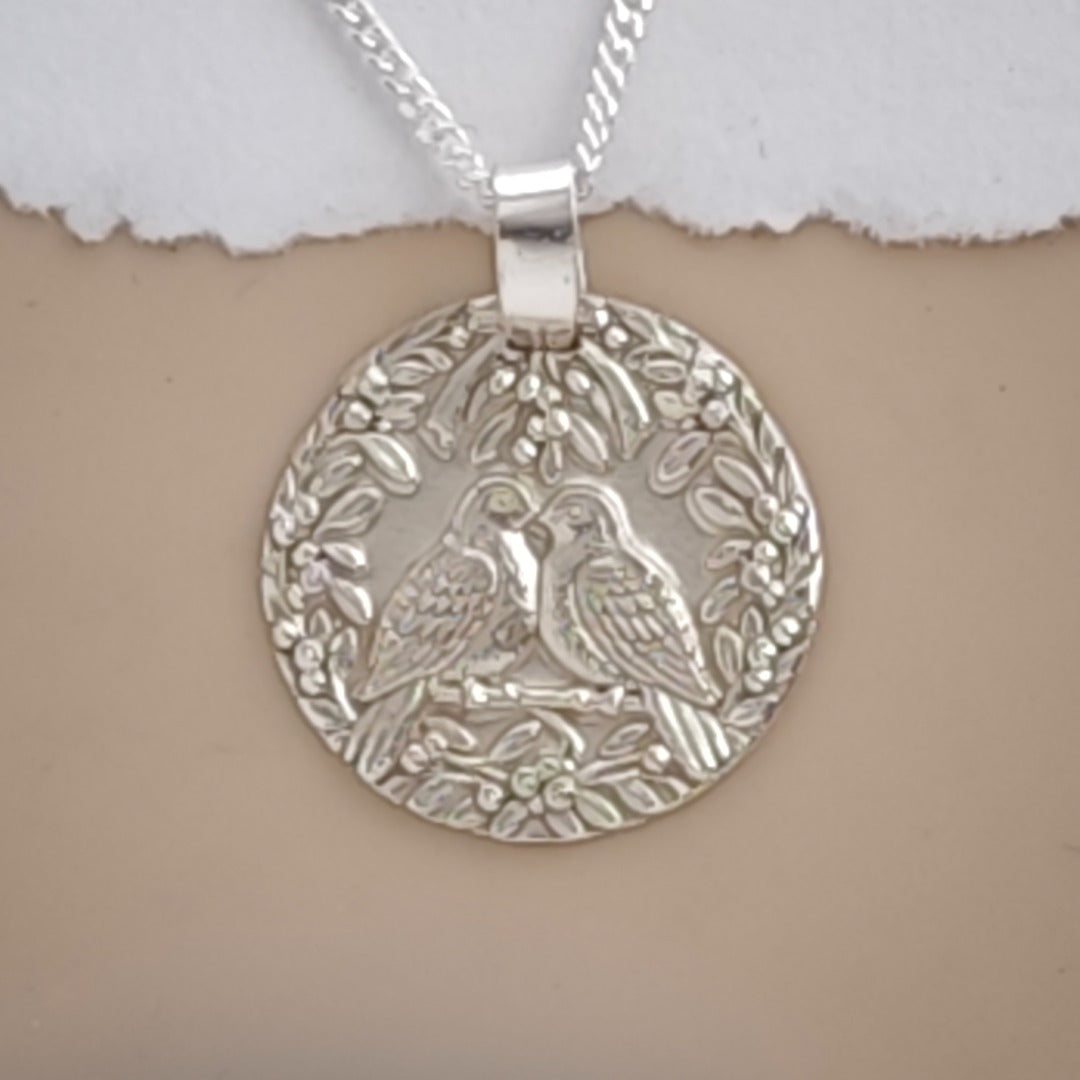 Two Turtle Doves engraved coin pendant necklace in recycled sterling silver, Ojewellery Christmas jewellery