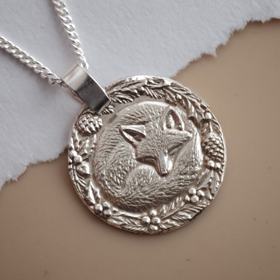 Curled-up sleeping fox engraved coin pendant necklace in recycled sterling silver, Ojewellery Christmas jewellery