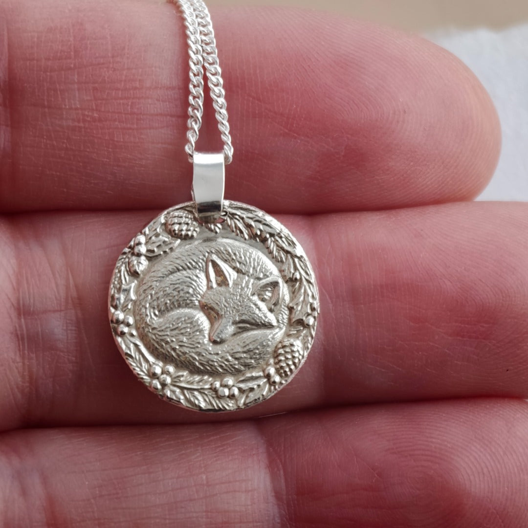 Curled-up sleeping fox engraved coin pendant necklace in recycled sterling silver, Ojewellery Christmas jewellery