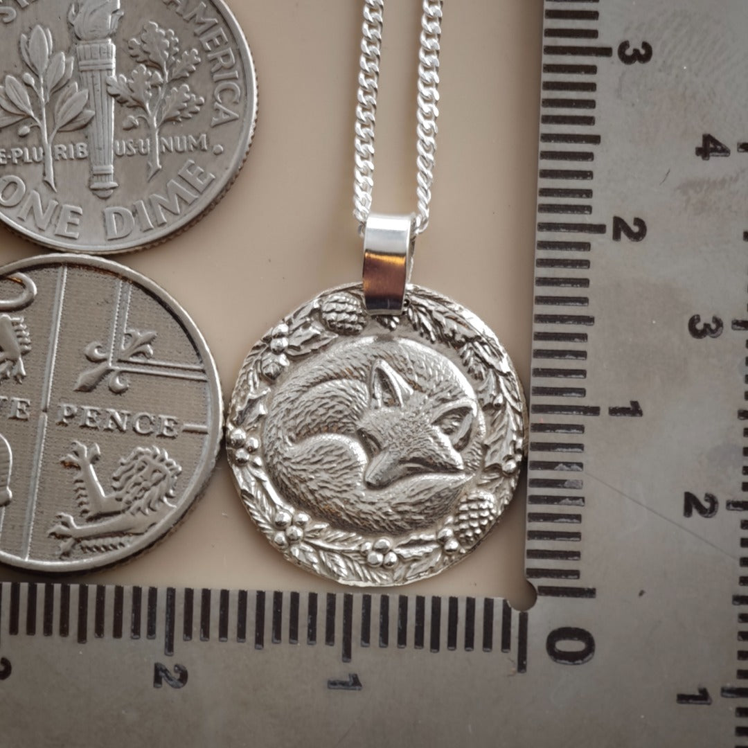 Curled-up sleeping fox engraved coin pendant necklace in recycled sterling silver, Ojewellery Christmas jewellery