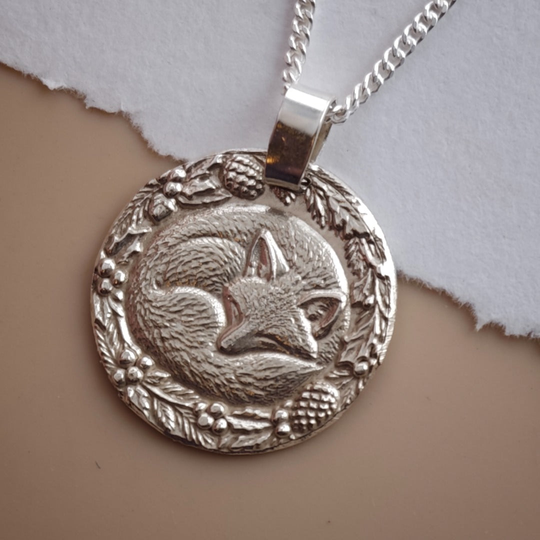 Curled-up sleeping fox engraved coin pendant necklace in recycled sterling silver, Ojewellery Christmas jewellery