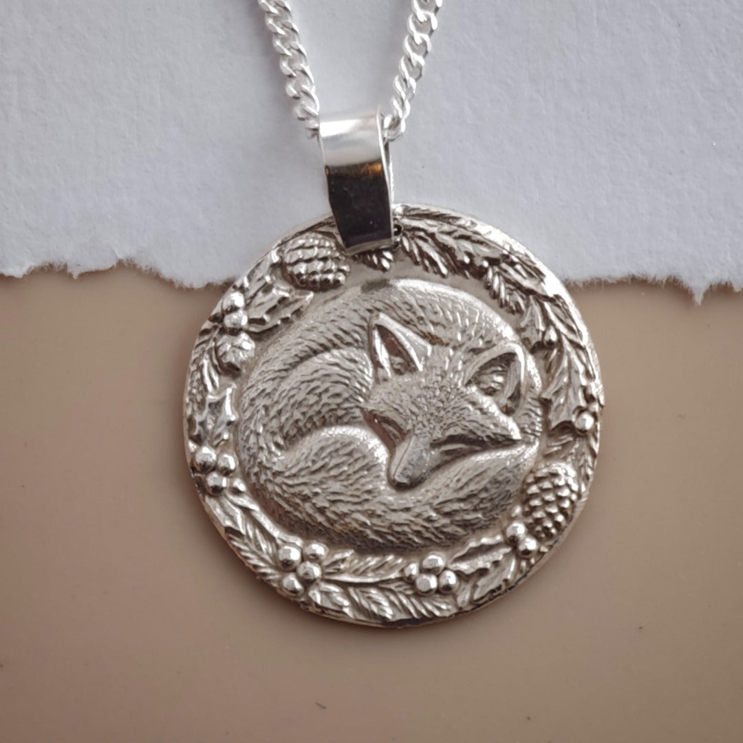 Curled-up sleeping fox engraved coin pendant necklace in recycled sterling silver, Ojewellery Christmas jewellery